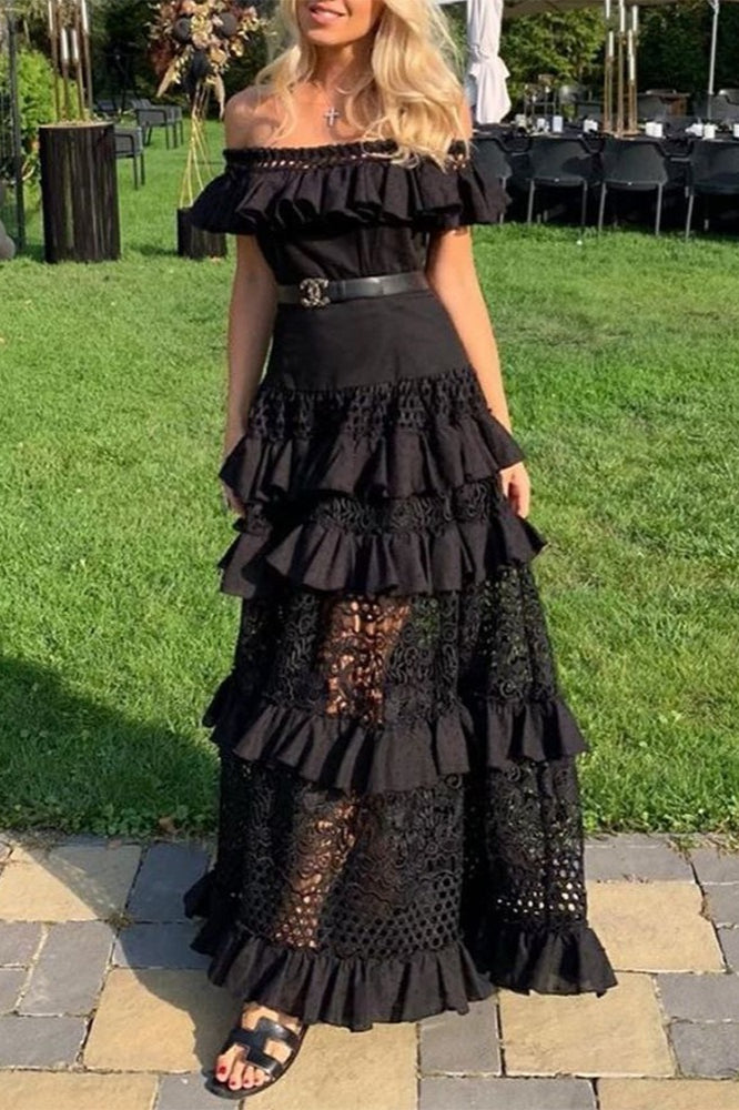 Ruffled Cutout Off Shoulder Flare Lace Maxi Boho Dress