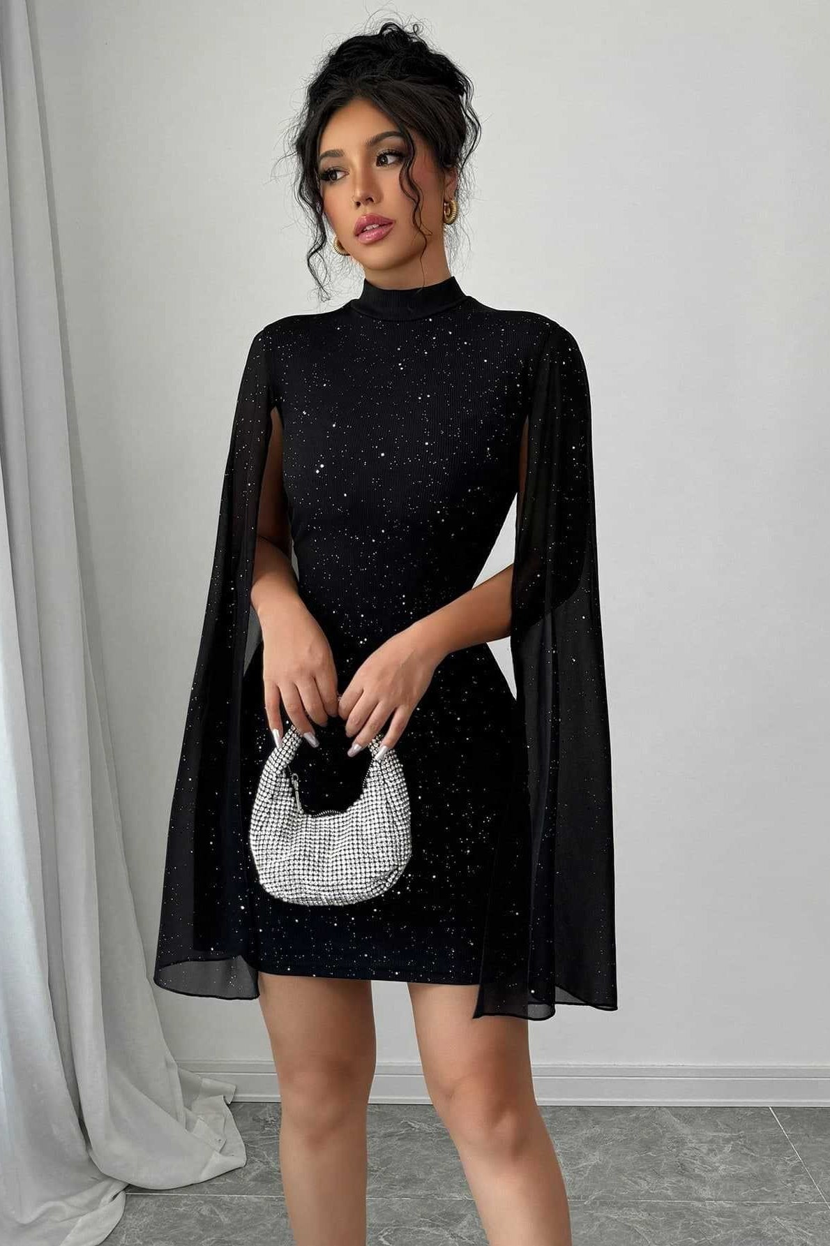 Shiny Printed Turtleneck Puff Sleeve Bodycon Cocktail Dress Secondary image