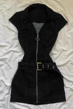 Belted Denim Zip Front Mini Dress