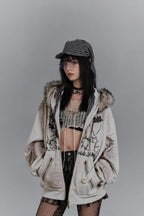 Rabbit Ear Fur Trim Zip Hoodie