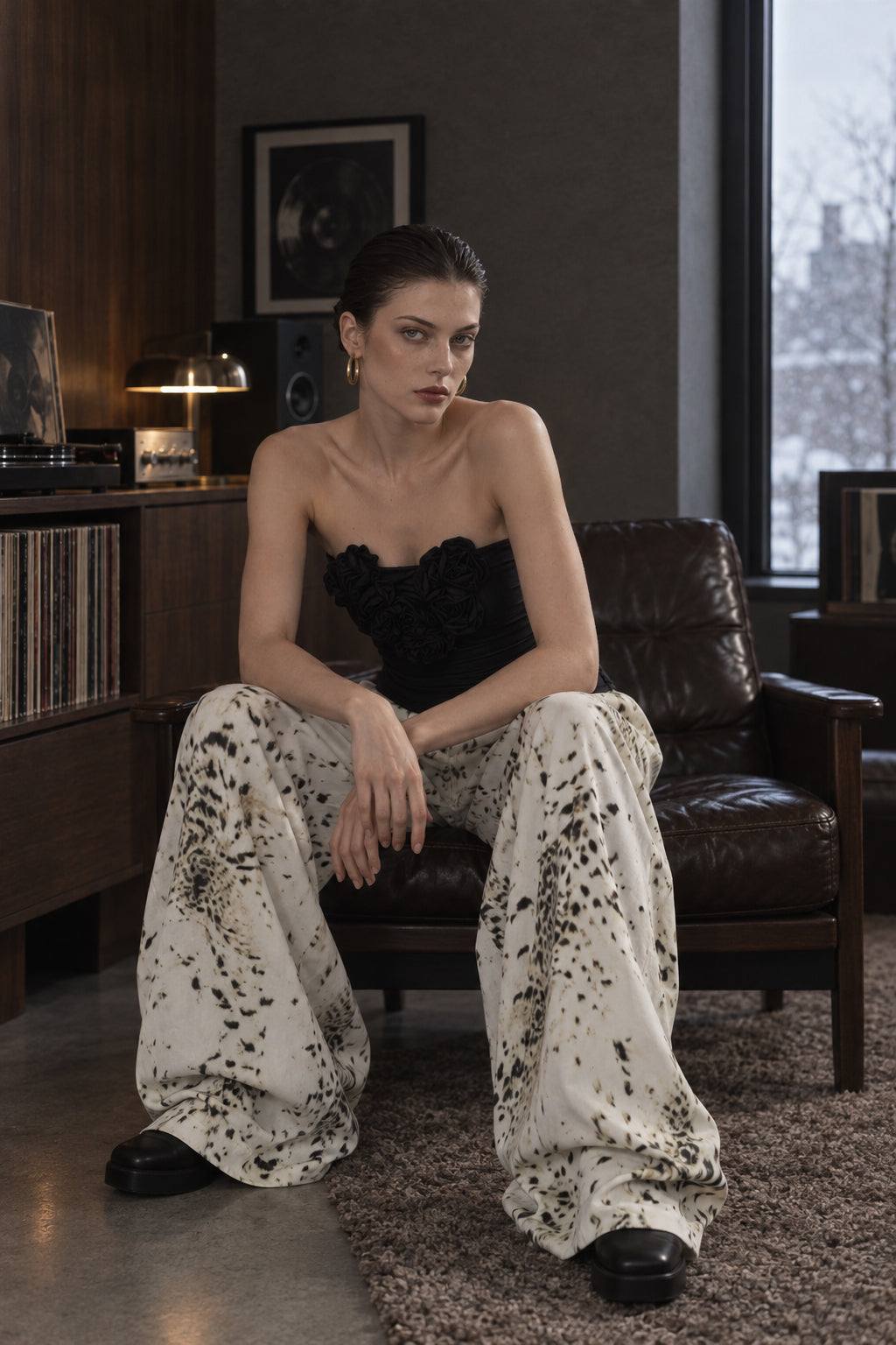 Retro Washed Leopard Wide Leg Jeans