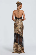 Lace Panel Leopard Halter Maxi Dress