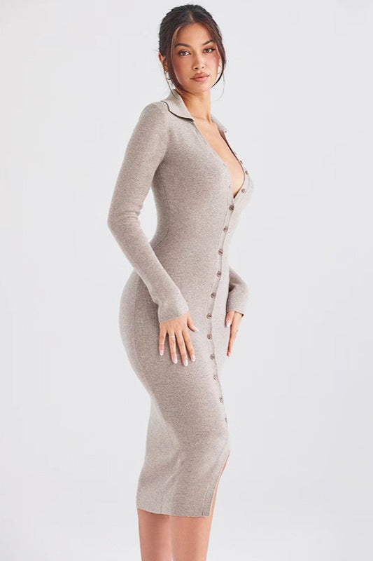Core-Spun Yarn Knit V-Neck Long-Sleeve Bodycon Midi Sweater Dress Secondary image