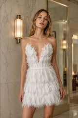 Deep V Feather Patchwork Short Slip Dress