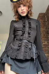 Dark Waist Tie Ruffle Panel Blouse
