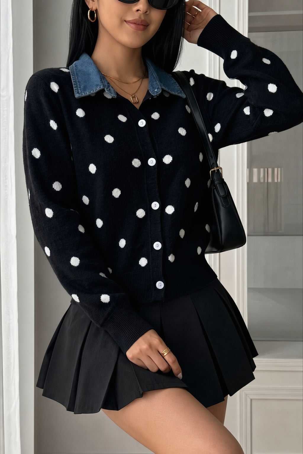 Polka Dot Denim Collar Button Cardigan Sweater