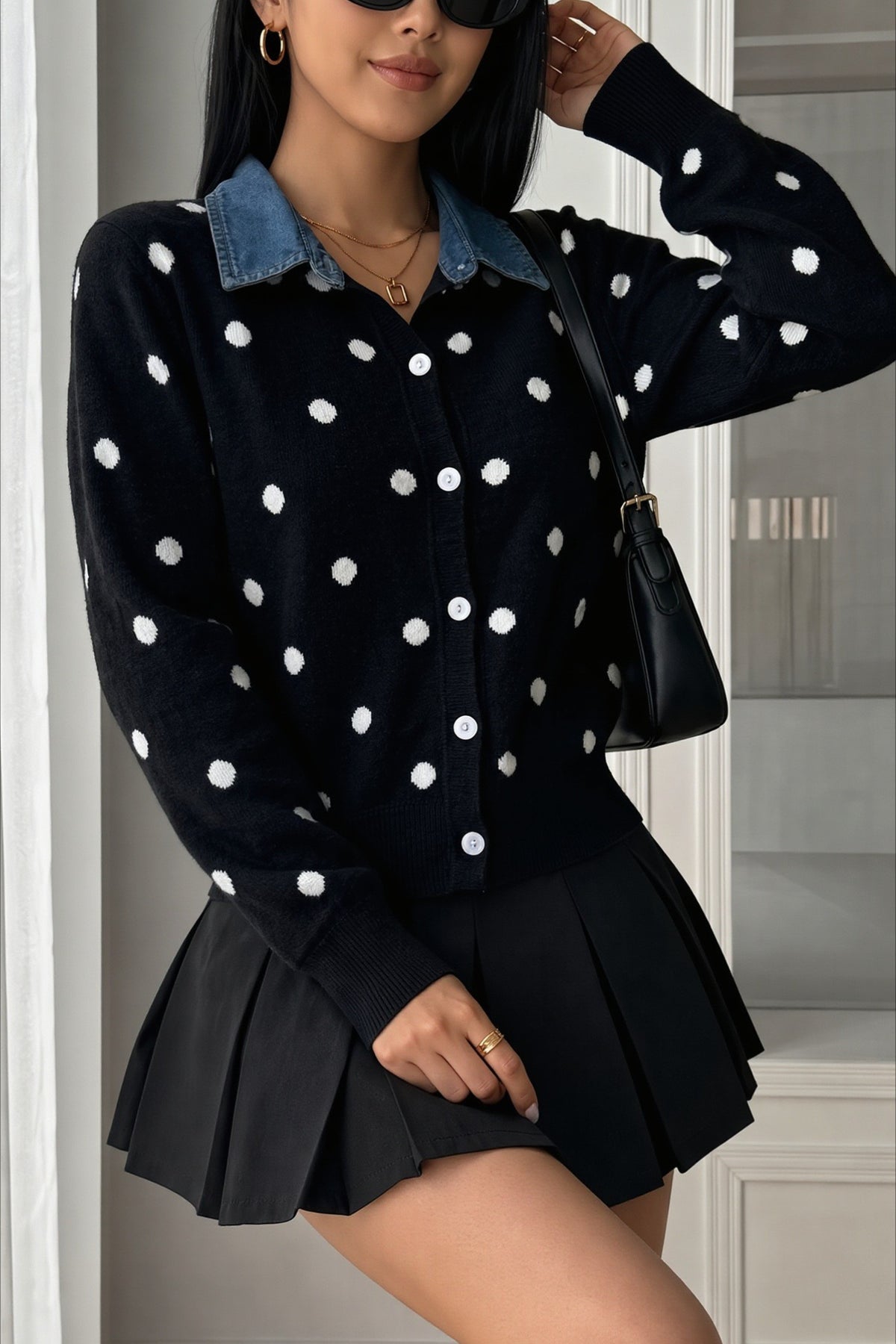 Polka Dot Denim Collar Button Cardigan Sweater