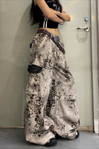 Mottled Print Wide Leg Cargo Jeans