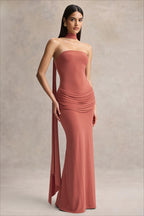 Scarf Detail Strapless Ruched Maxi Dress