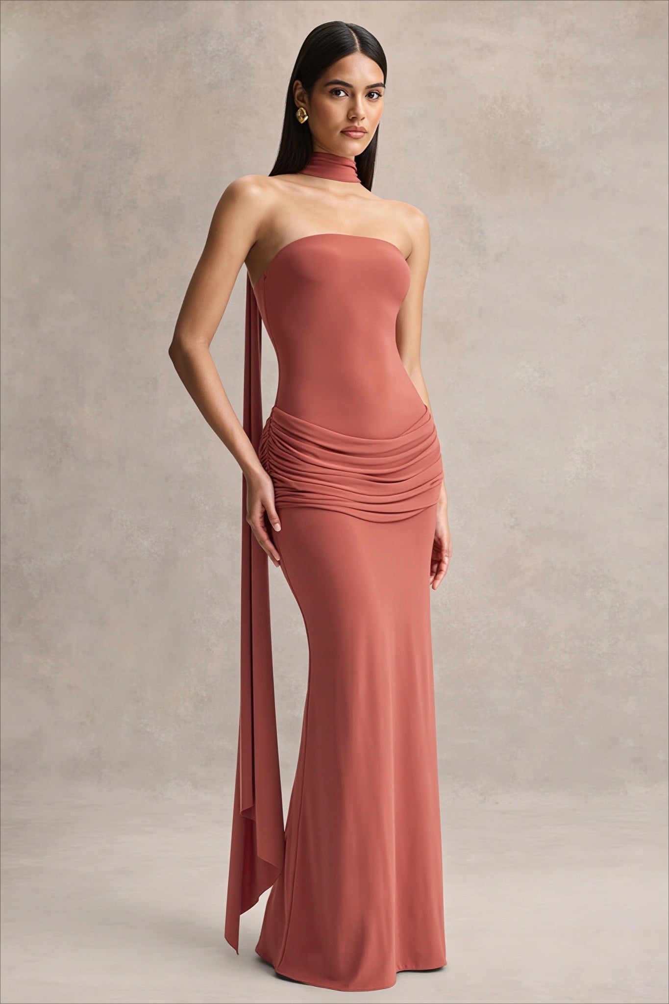 Scarf Detail Strapless Ruched Maxi Dress