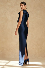 Elegant Long Dark Navy Bow Mermaid Prom Dress