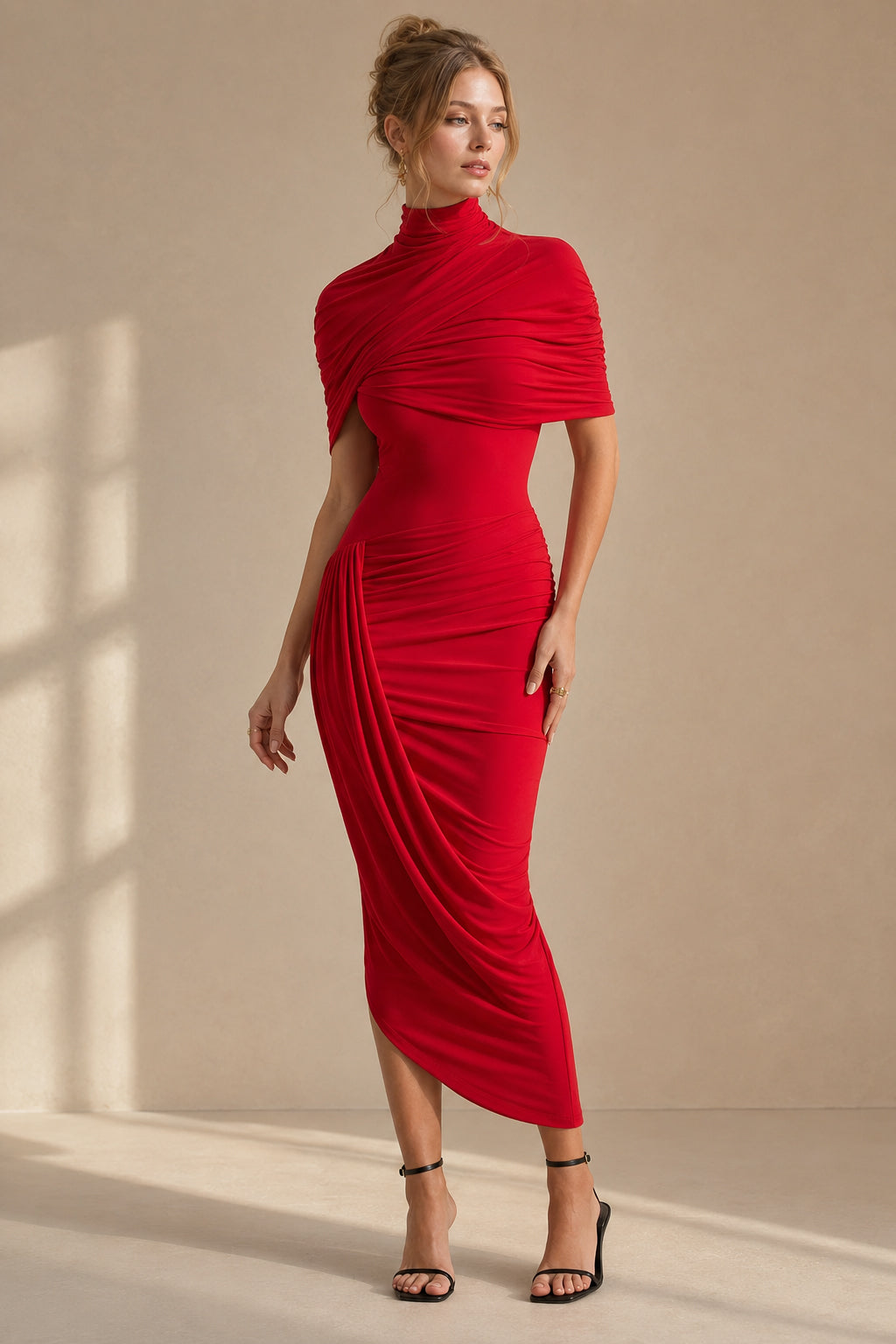 Ruched Turtleneck Midi Dress
