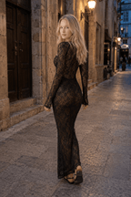 Lace Long Sleeve Crop Top Bodycon Floral Dress Set