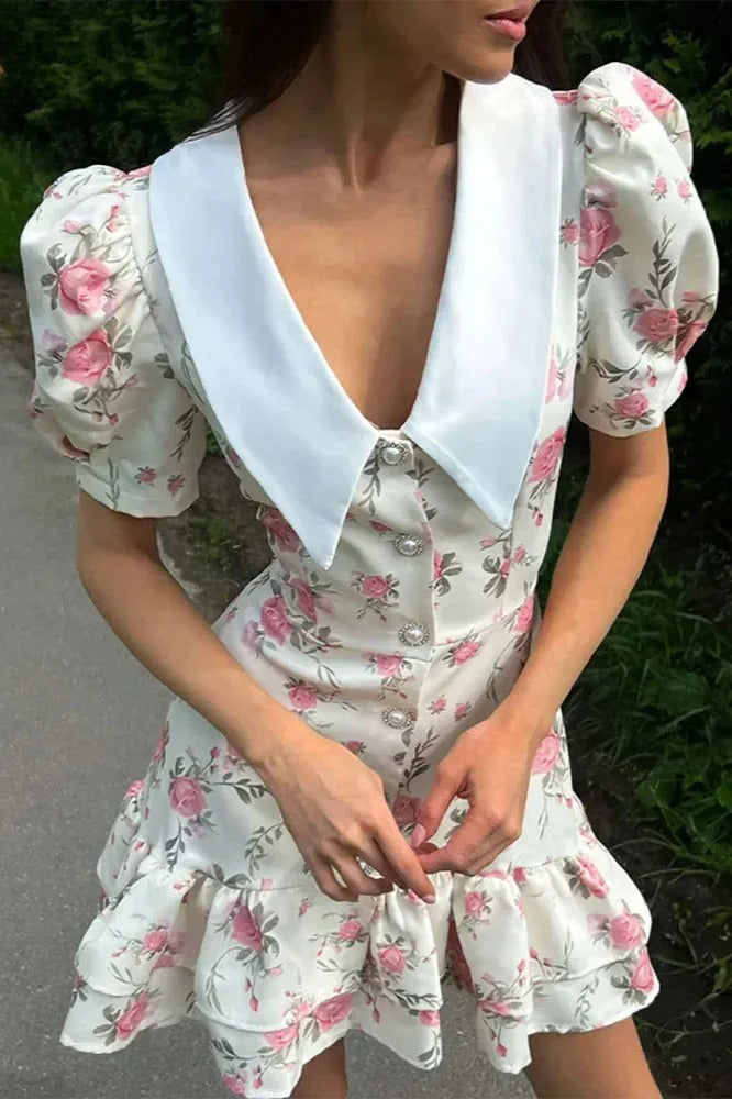 Lapel Short Sleeve Mini Floral Dress Main image