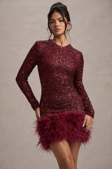 Solid Color Sequin Feather Long Sleeve Round Neck  Sequin Dress