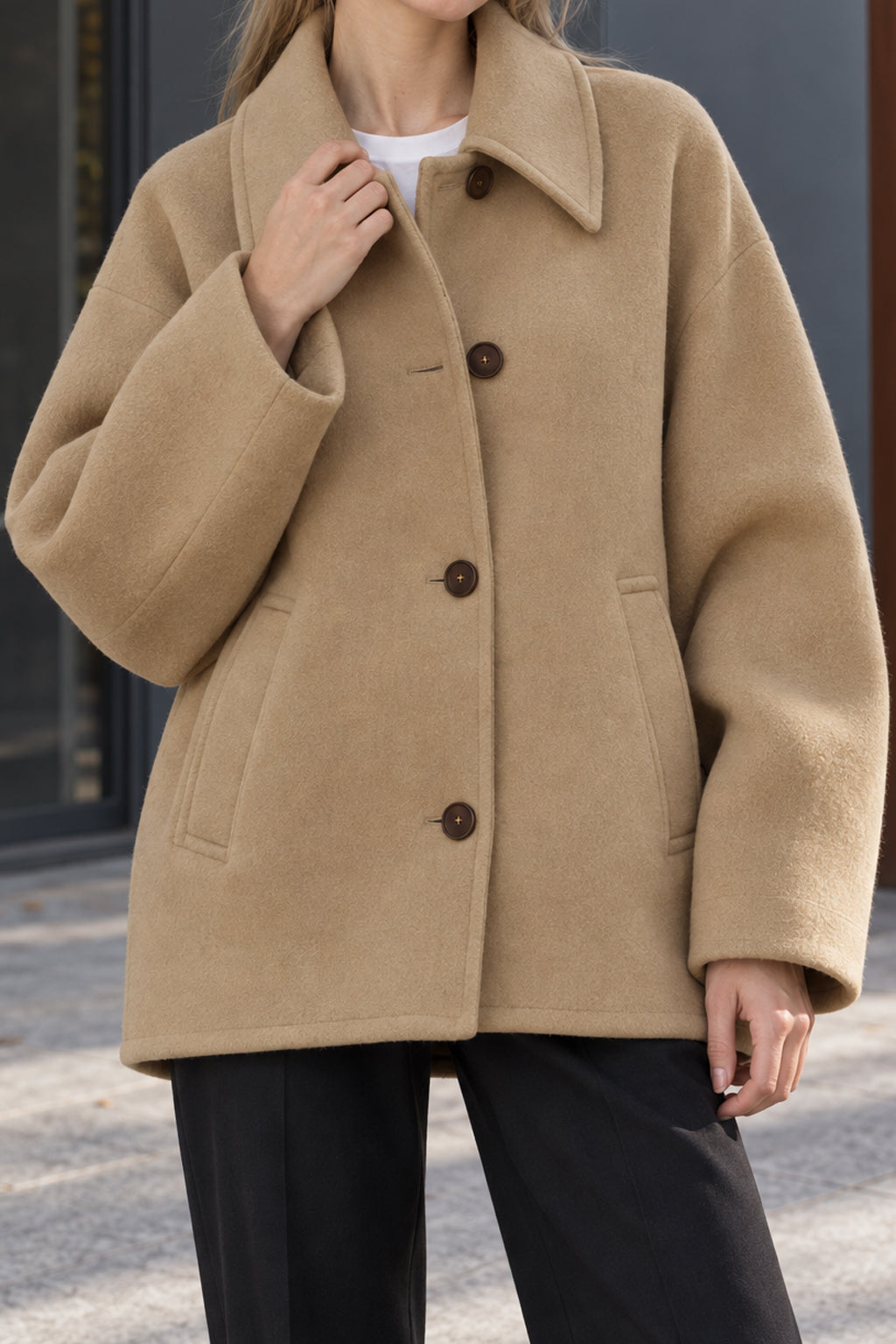 Batwing Sleeve Wool Blend Coat