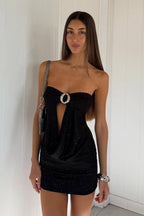 Sequined Strapless Cutout Cowl Neck Mini Dress