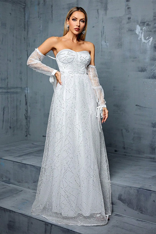 French Off Shoulder Long Sleeve Mesh Prom Dress Main image