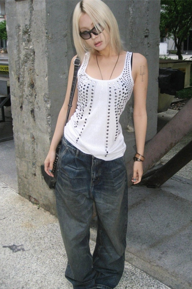 Rhinestone Cutout Fitted Street Tank Top Secondary image