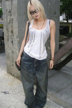 Rhinestone Cutout Fitted Street Tank Top