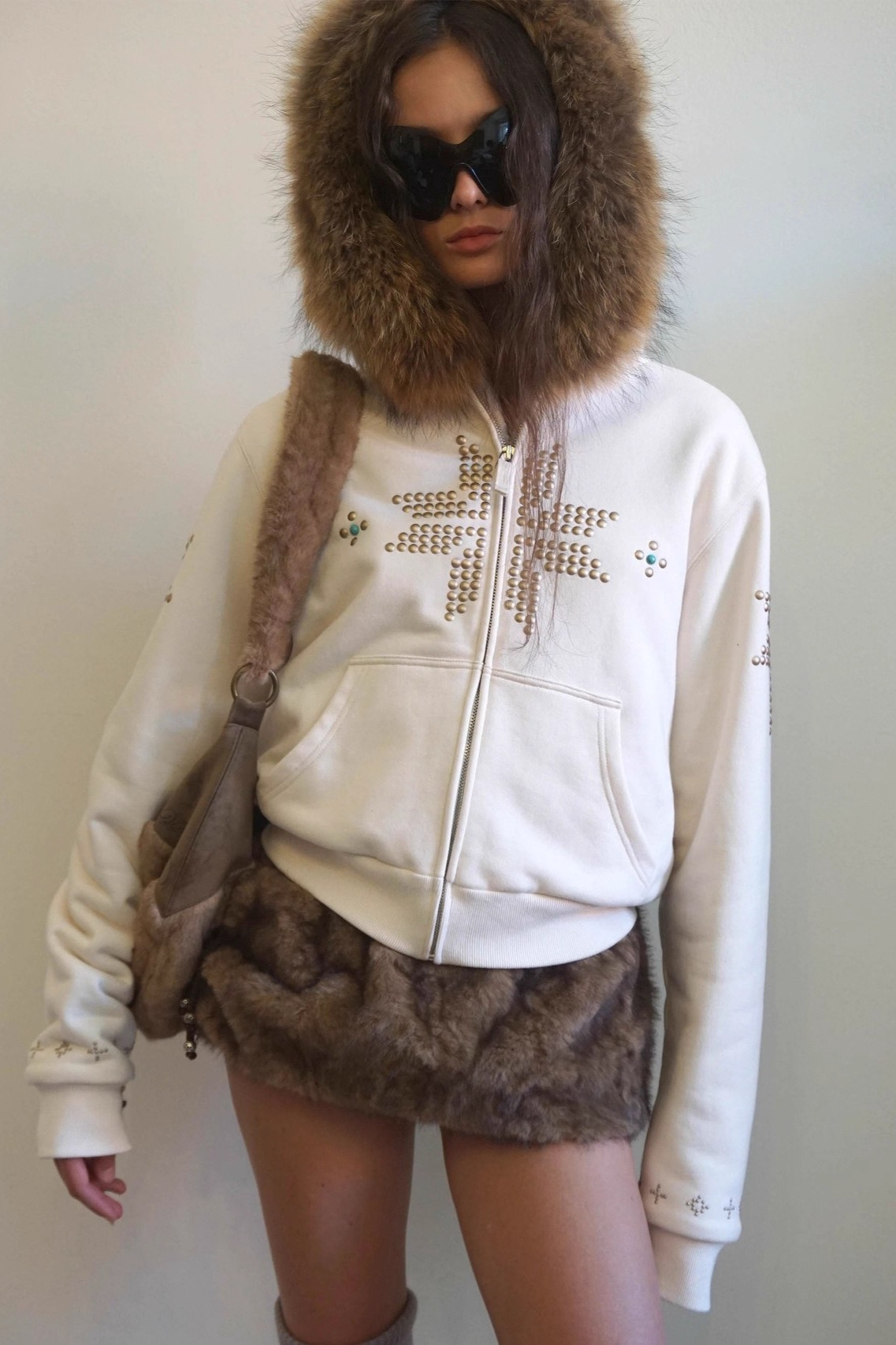 Glam Rhinestone Faux Fur Collar Zip Waist Cinch Hoodie Main image