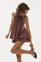 Plaid Off-Shoulder Halter Ruffle Mini Dress