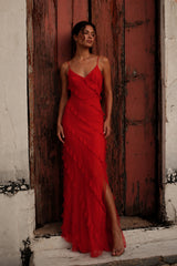 Chiffon Ruffle Open Back Split Slim Slip Dress