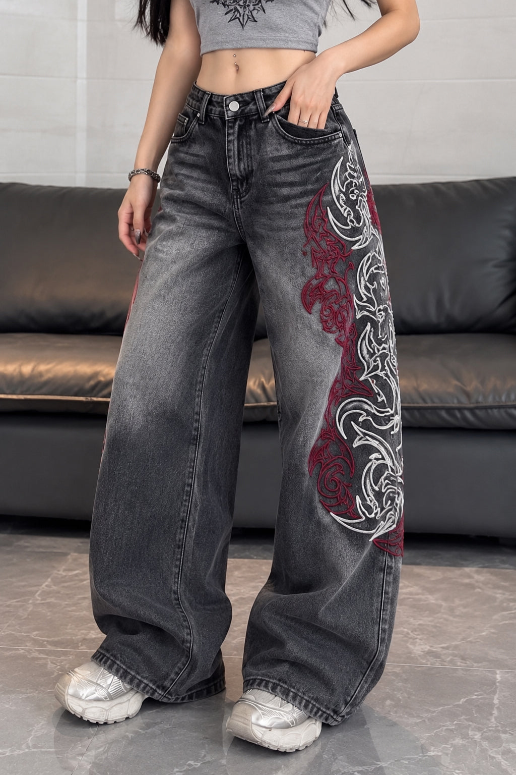 Tribal Print Wide-Leg Jeans