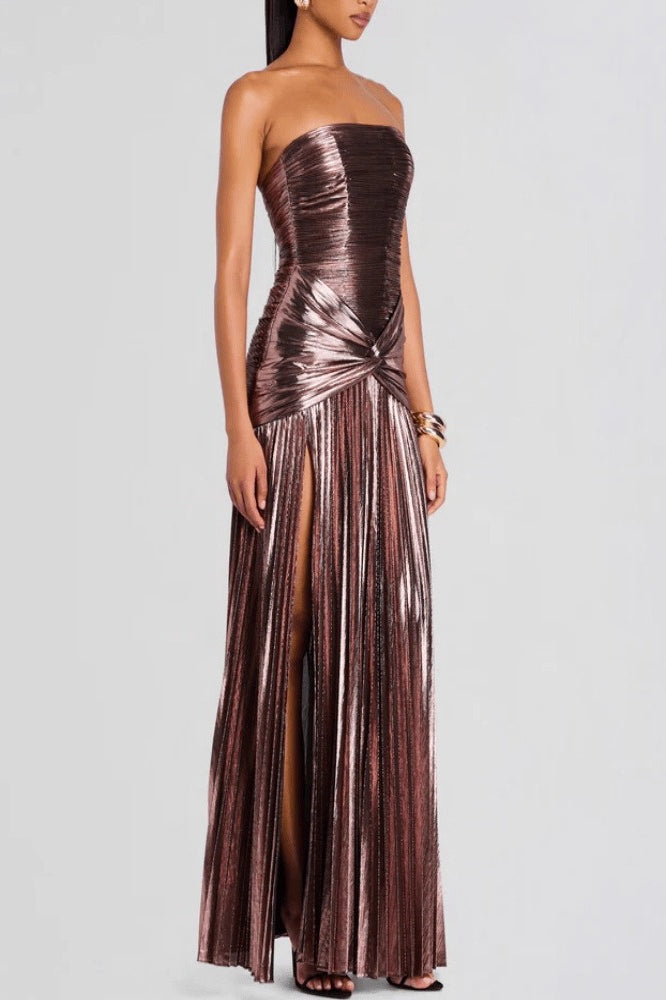Chic Metallic Ruched Split Strapless Formal Dress Secondary image