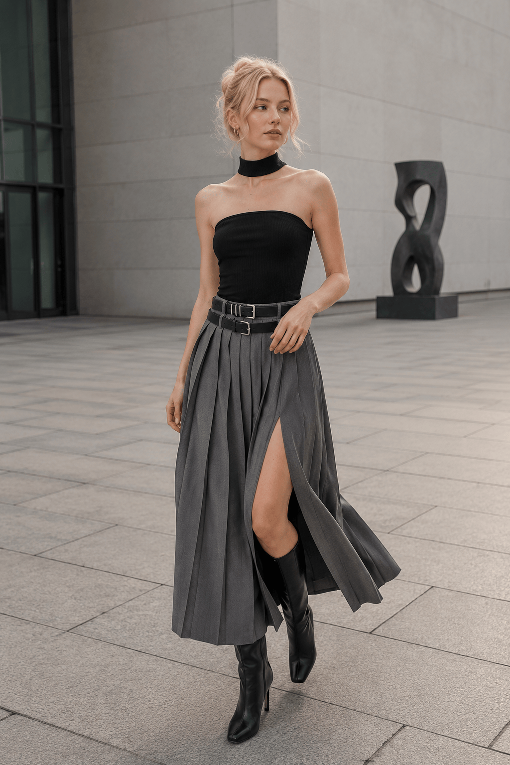 Pleated Split Maxi Trendy Skirt