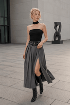 Pleated Split Maxi Trendy Skirt