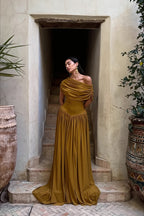 Draped Off Shoulder Drop Waist Maxi Dress