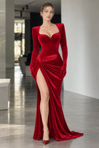 Elegant Evening Gloves Sleeve Velvet Slit Maxi Dress