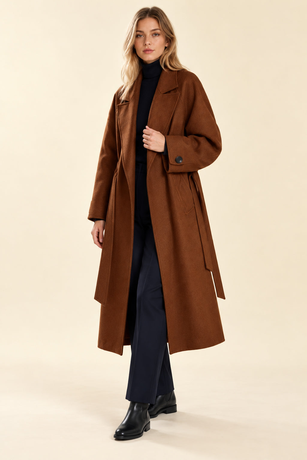 Retro Solid Woolen Coat Women Knee High Thick Turn-Down Overcoat Secondary image