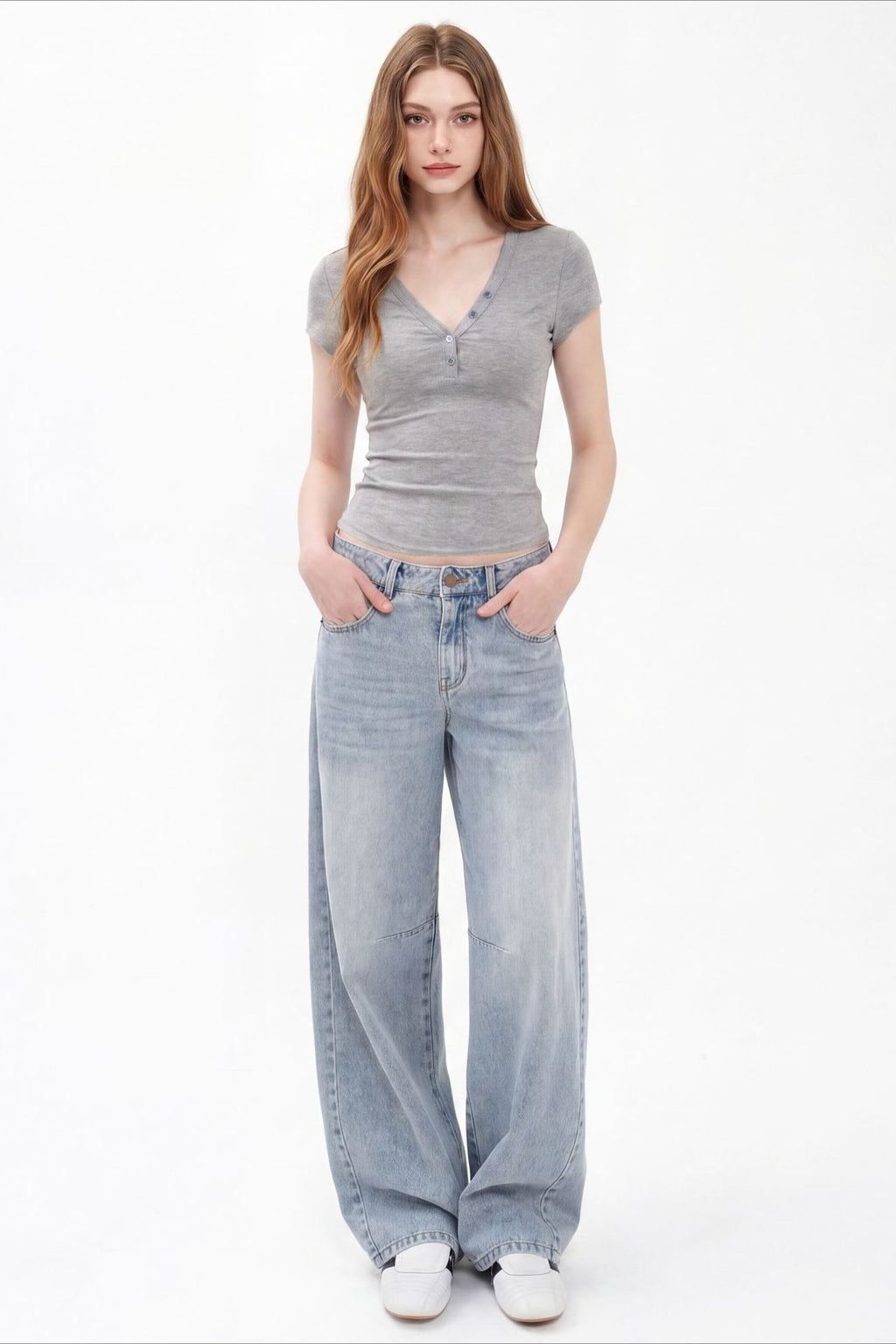 Soft-Touch V-Neck Button Fitted Crop Top