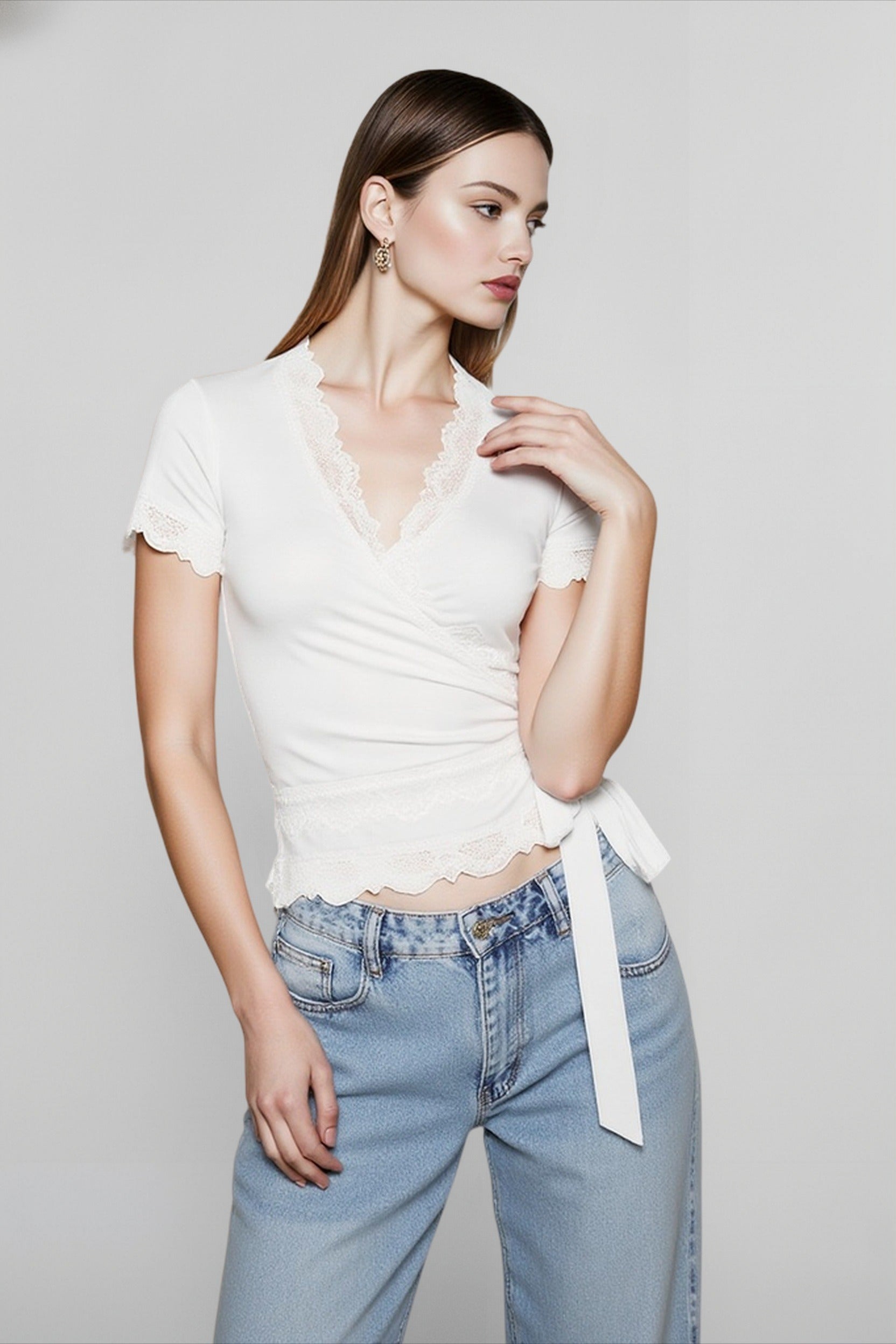 Lace Trim V Neck Tie T-shirts Secondary image