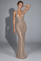 Sequin Deep V-Neck Bodycon Maxi Dress