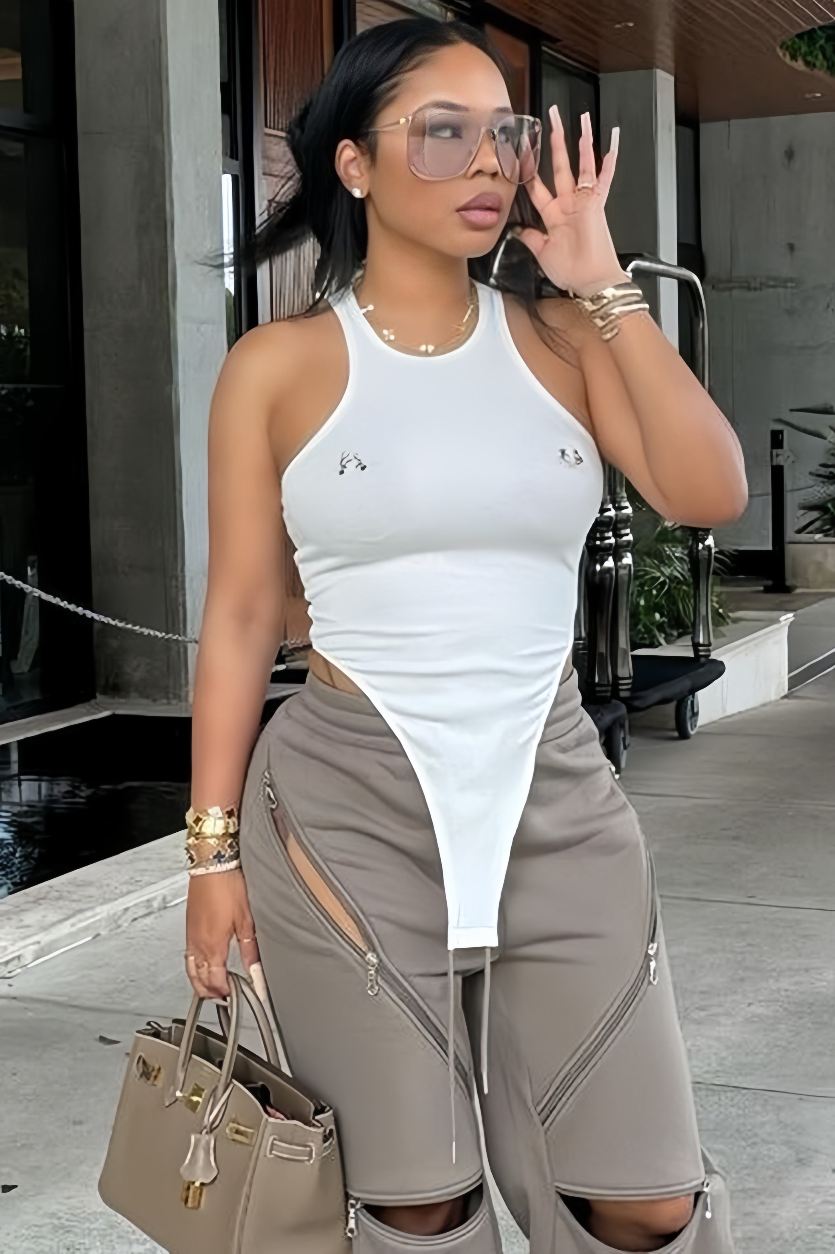 Crew Neck Cutout 3D Embellished Slim Bodysuit Secondary image