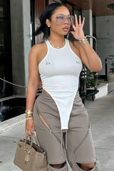 Sexy Crew Neck Cutout 3D Embellished Slim Bodysuit