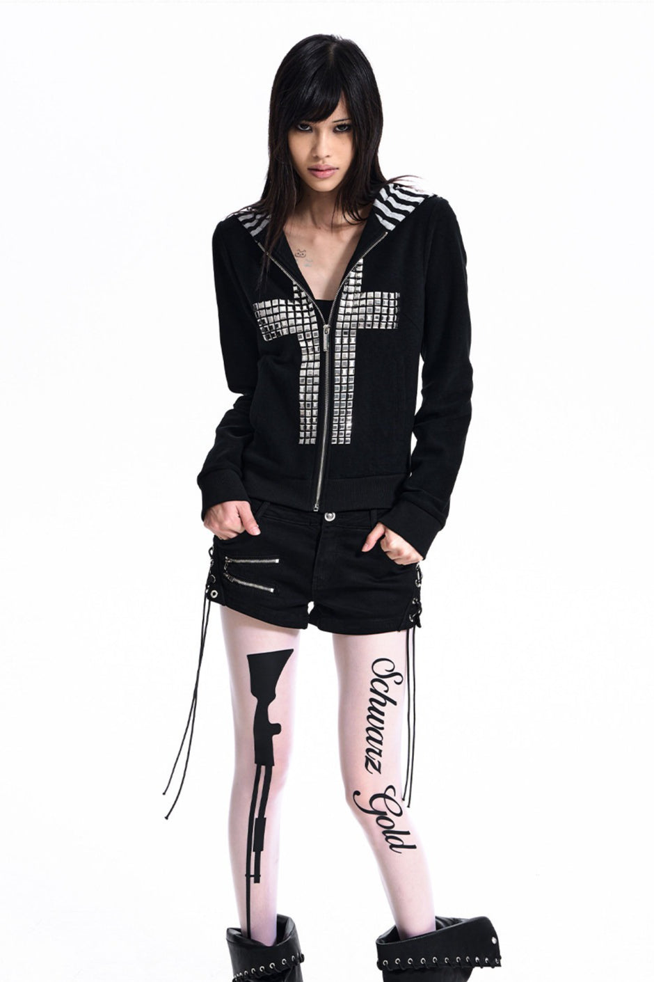 Rhinestone Cross Fitted Zip Up Hoodie