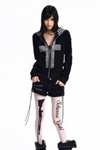 Rhinestone Cross Fitted Zip Up Hoodie