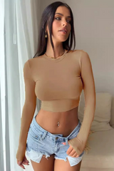 Sexy Hottie Solid Round Neck Slim Long Sleeve Crop Top