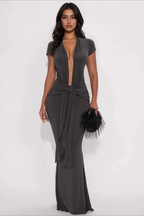 Solid Plunge V Short Sleeve Tie Slim Bodycon Dress