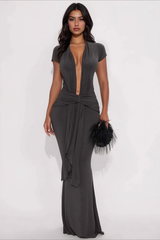 Solid Plunge V Short Sleeve Tie Slim Bodycon Dress