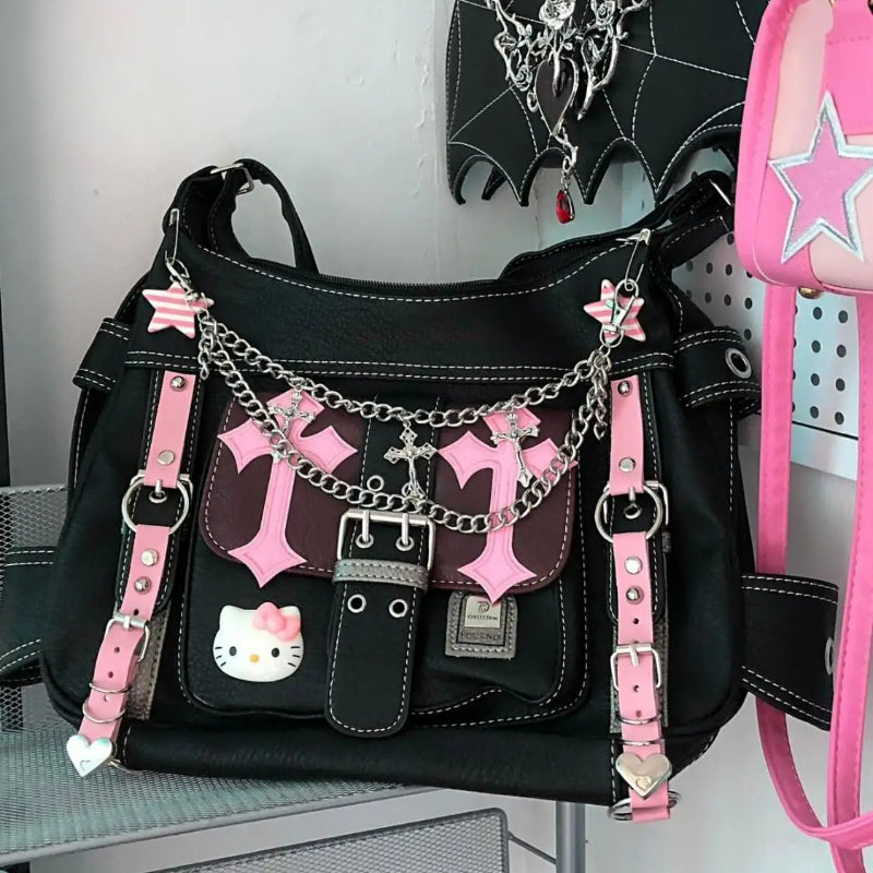 Hello Kitty Gothic Punk Vintage Pink High Capacity Trend Crossbody Bag Main image