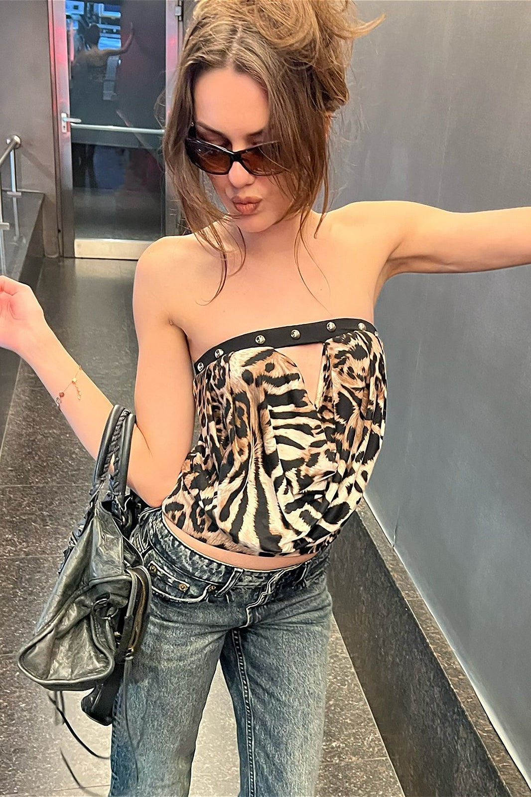 Leopard Cowl Neck Studded Strapless Crop Top Main image