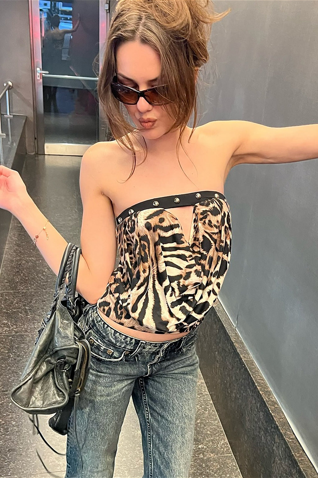 Leopard Cowl Neck Studded Strapless Crop Top