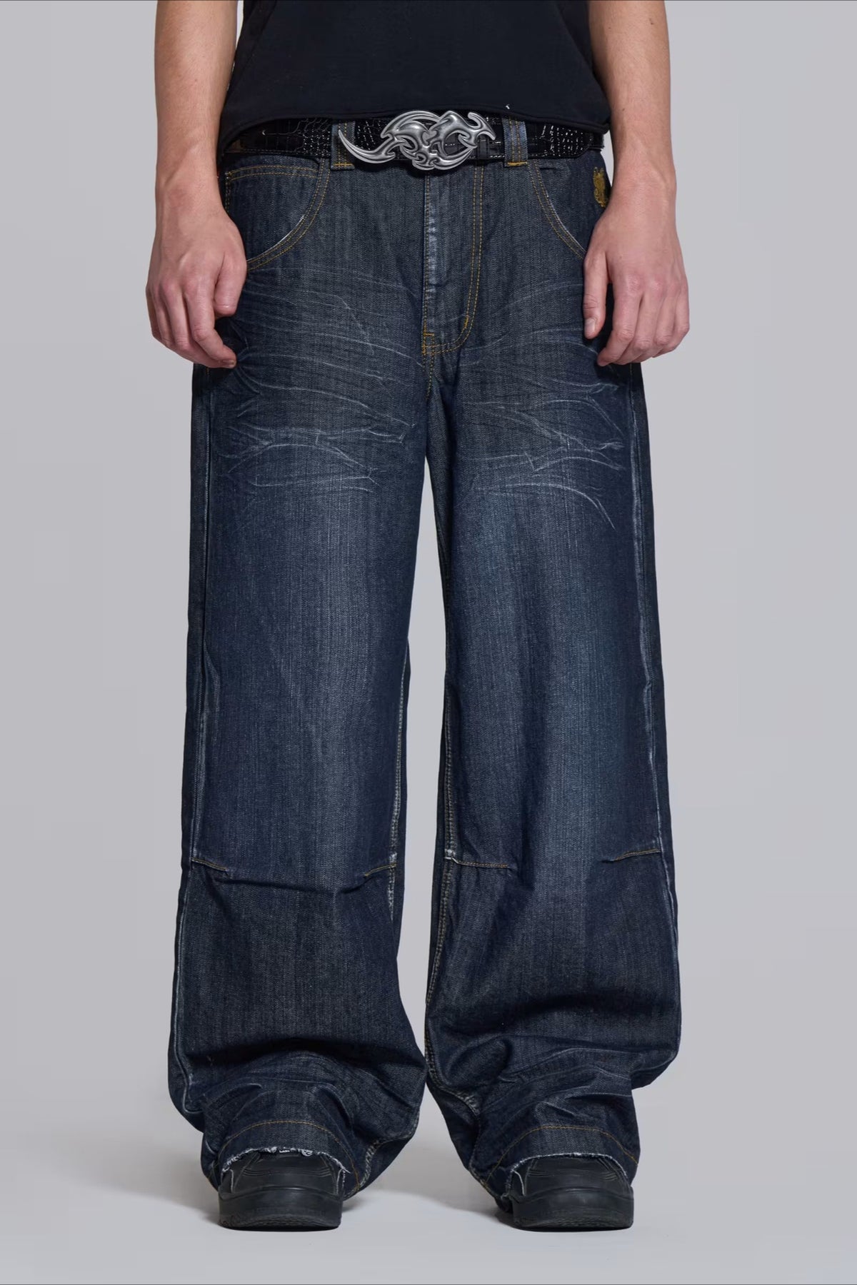 Contrast Waist Patchwork Wide Leg Jeans