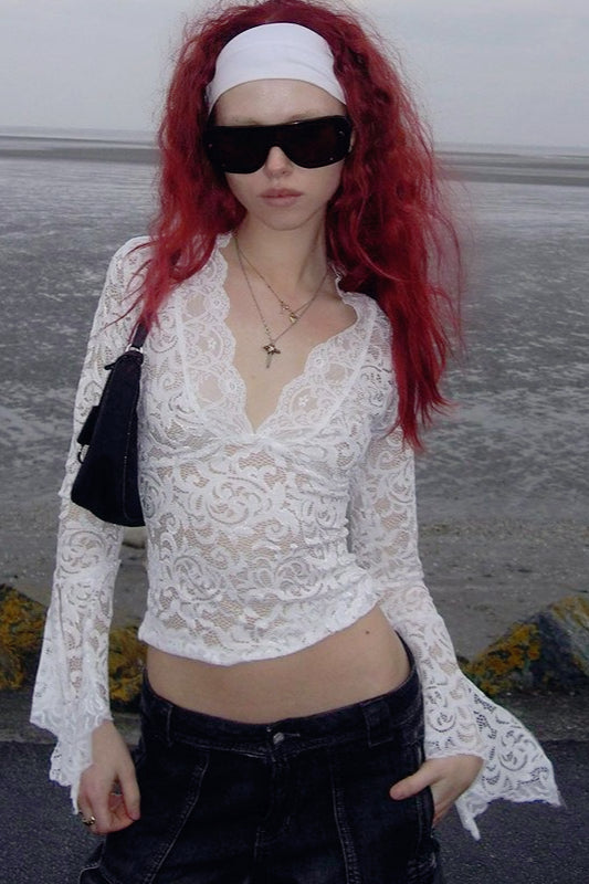 Deep V Long Sleeve Lace Trim Crop Top Secondary image