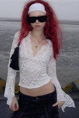 Deep V Long Sleeve Lace Trim Crop Top